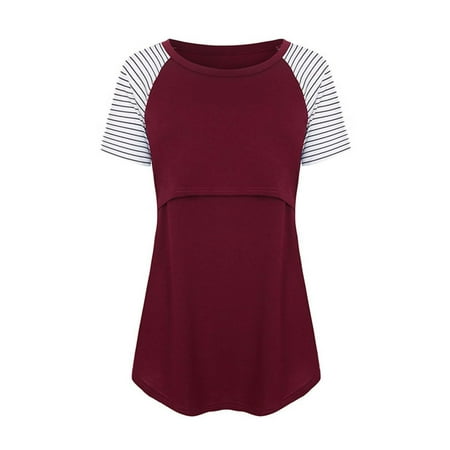 

Awdenio Maternity Womens Blouse on Sale Nursing Round Neck Stripe Short Sleeve Round Neck Breastfeeding Tops