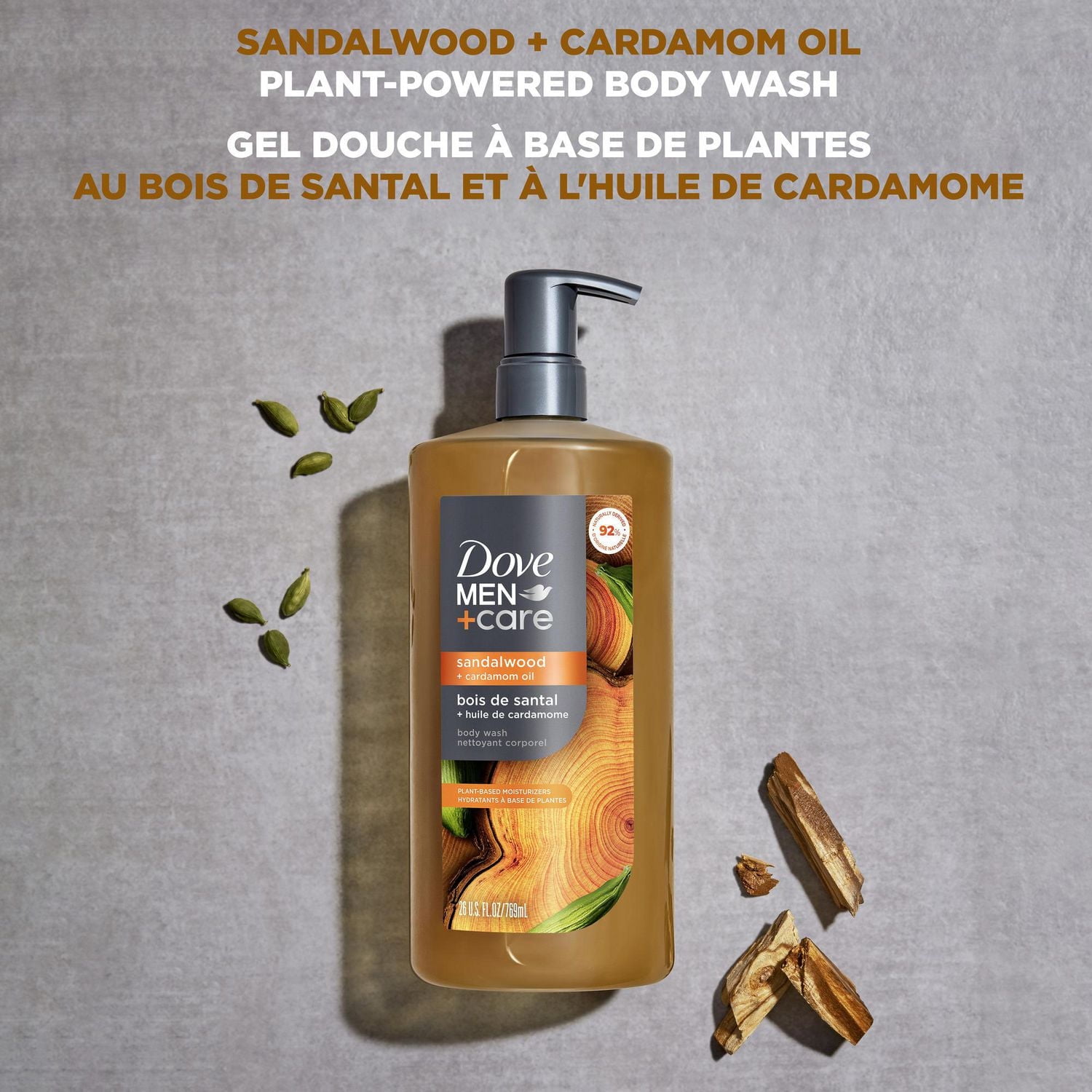 Dove Men+Care Gel douche pour réparer la peau sèche sous la douche Bois de santal + Huile de cardamome avec des nettoyants et des hydratants à base de plantes, 769mL 769mL