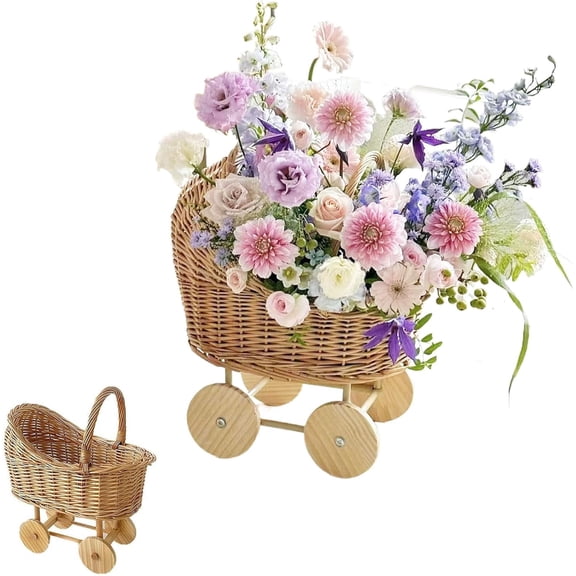 Woven Flower Basket Flower Girl Basket Wicker Basket Stroller Shaped Rattan Flower Basket with Handle Wood Baskets Woven Hand-Held Wicker Cachepot Storage Basket with Handle Wedding Home Decor