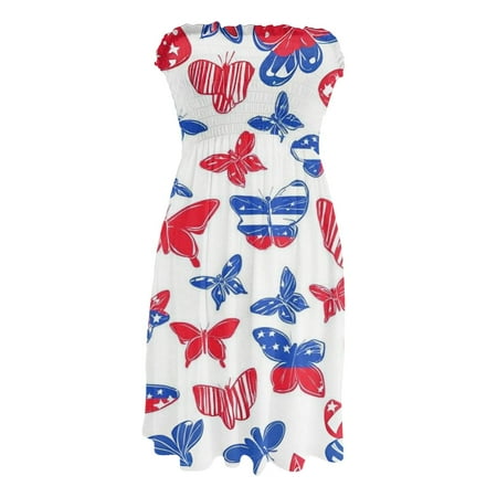 CHCNHAC 4th Of July Tube Dresses for Women American Flag Print Dresses Patriotic Flattering Flowy Swing Strapless Beach Dress Dark Blue M