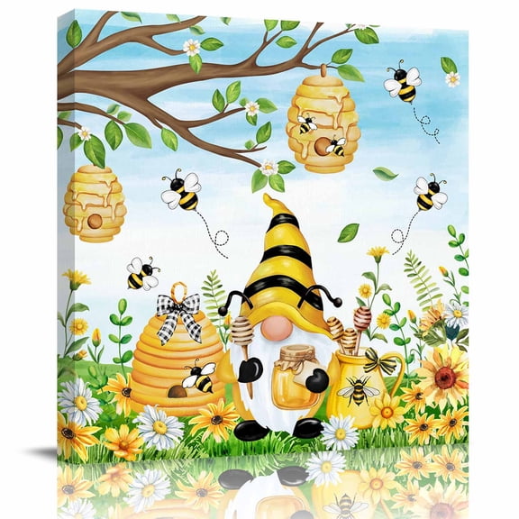 Framed Canvas Wall Art for Living Room Bee Gnome Wall Decor, Sunflower Daisy Flower Honeycomb Aesthetic Paintings for Bedroom Office Kitchen Bathroom, Ready to Hang Artwork Wall Pictures 8x8 Inch