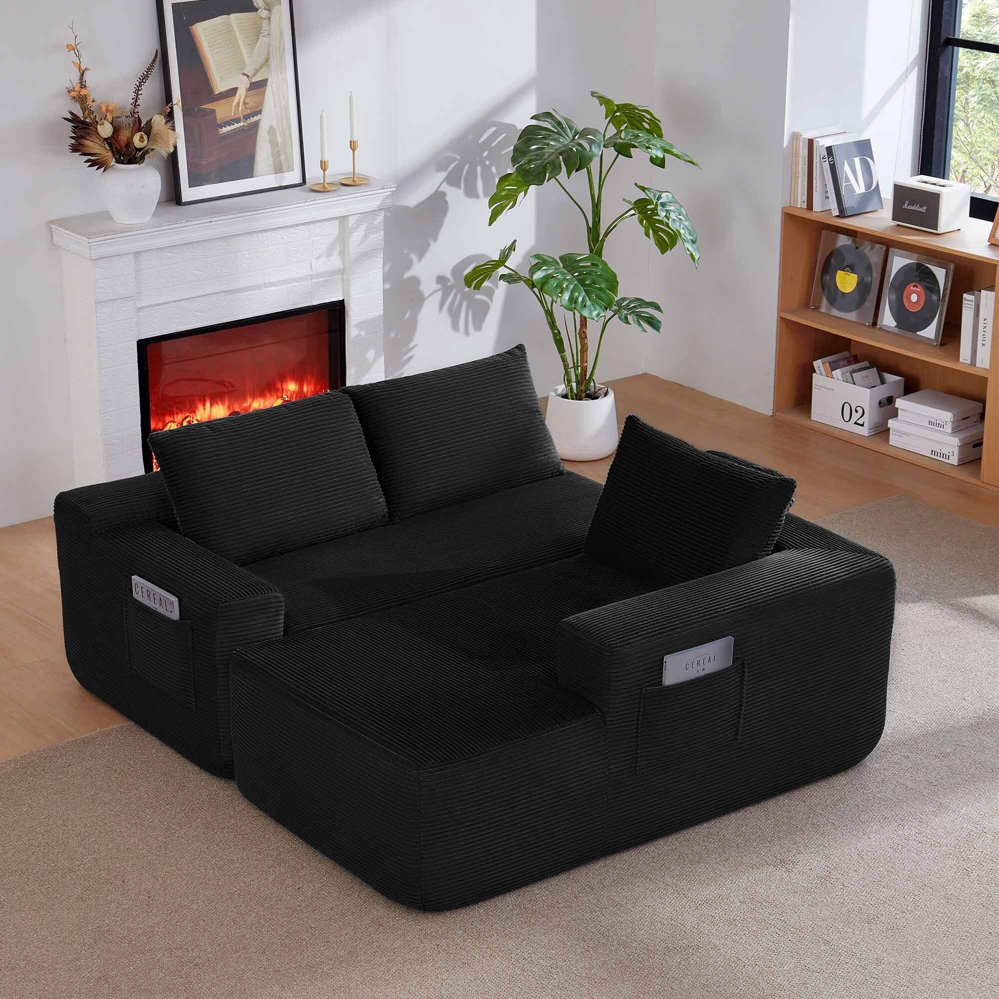 Lunale L-Shaped Modular Sectional Sofa with Movable Chaise, 3-Seater Boneless Cloud Couch for Living Room, Black (Right Facing Chaise)