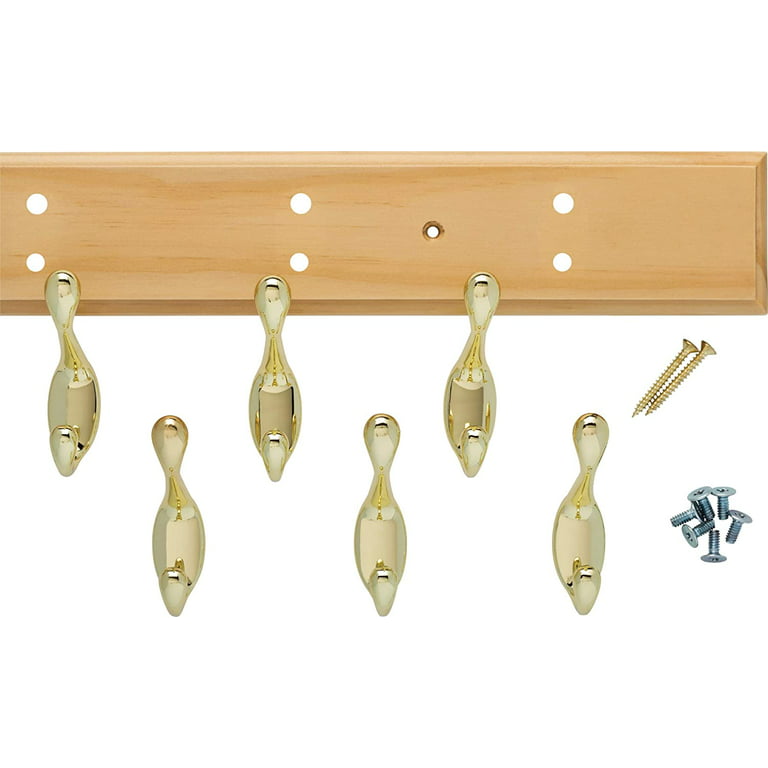 Franklin Brass 27 in. Hook Rail w/6 Heavy Duty Coat and Hat Hooks, Lacquered Pine & Brass Plated