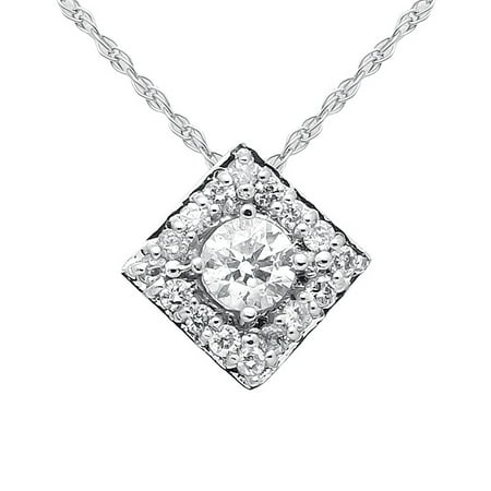 - Square Halo Diamond Shape Ladies 14k White Gold Pendant Necklace Singapore Chain 19in