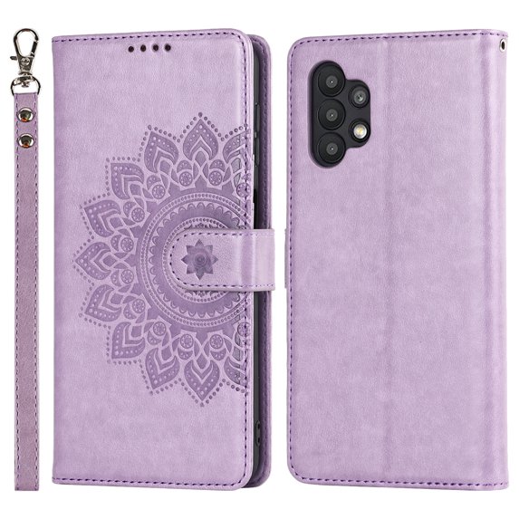 for Samsung A32 5G Case,Galaxy A32 5G Wallet case,PU Leather Case Sun Flower Pattern Embossed Purse Kickstand Flip Cover Card Holders Hand Strap for Samsung Galaxy A32 5G - Purple