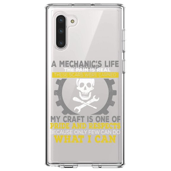 DistinctInk Clear Shockproof Hybrid Case for Samsung Galaxy Note 10 (6.3" Screen) - TPU Bumper Acrylic Back Tempered Glass Screen Protector - Mechanic's Life Pain Is Real Pride Respect