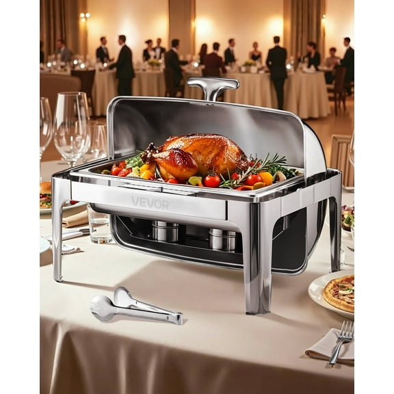 VEVOR Roll Top Chafing Dish Buffet Complete Set, 9Qt Stainless Steel Chafer with Full Size Pan, Rectangle Catering Warmer Server with Lid Water Pan Folding Stand Fuel Holder Meal Clip, Silver