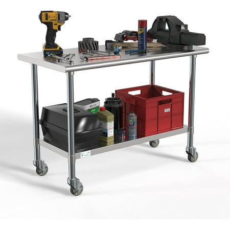

YUQIN Commercial 24” x 48” Stainless Steel Work Table Wheels Restaurant Home Use Under Storage Shelf Food Tools Equipment Hardware Heavy Duty Metal Workspace (CT2448-18C) Silver 24 x 48