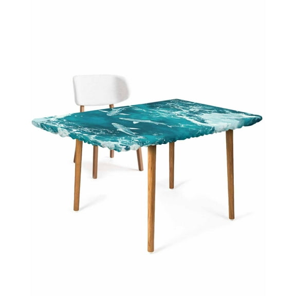 Teal Green Ocean Shark Rectangle Tablecloth, Waterproof Elastic Fitted Table Covers for 4 Foot Tables, 24x50inch Decorative Tablecloths for Picnic, Camping, Indoor, Outdoor, Coastal Wave Summer Beach