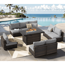 Gaildon 9 Piece Patio Furniture Set with Fire Pit Table, All Weather Outdoor Sectional PE Rattan, Patio Conversation Sets with Cushions for Garden Lawn Balcony Porch Deck, Grey
