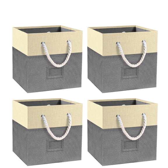 12" Foldable Storage Bins, 4 Piece Set Fabric Closet Drawers Organizer with Cotton Handles for Organizing Shelf Cabinet, Gray