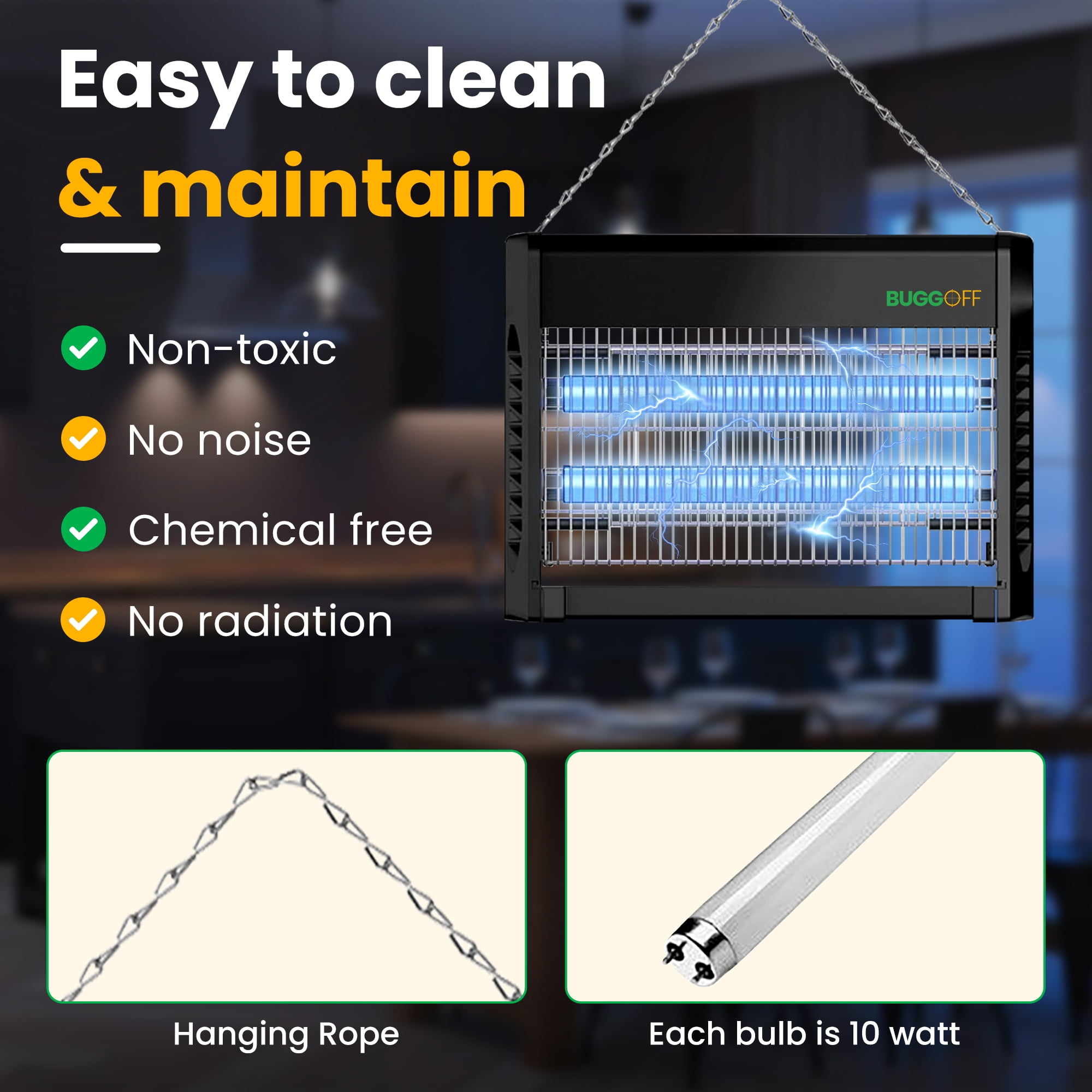 BUGGOFF Indoor Electric Bug Zapper, 2000 SQFT Coverage, 3500 Volts of Stunning Power, 40 Watts, Kills Mosquitos Gnats, Flys & More. 10 Year Warranty, X2 Free Replacement Bulbs