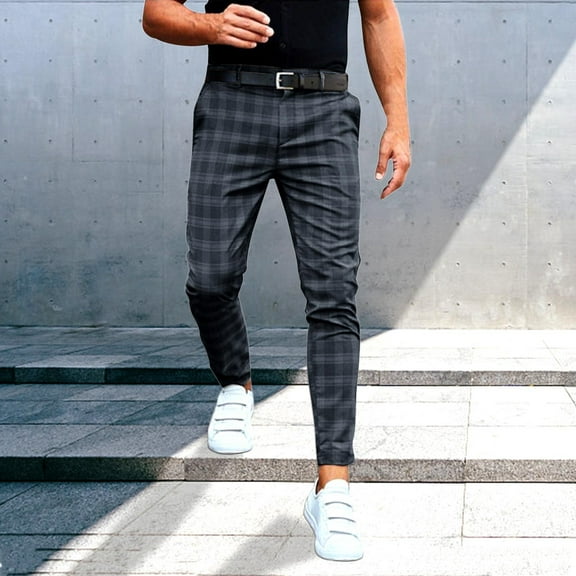 XIAONU Men's Slim-Fit Plaid Casual Dress Pants Flat-Front Office Business Everyday Trousers