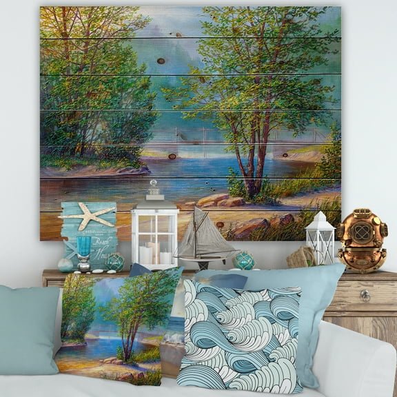 Designart 'Green Trees By The Bridge Over River' Traditional Print on Natural Pine Wood