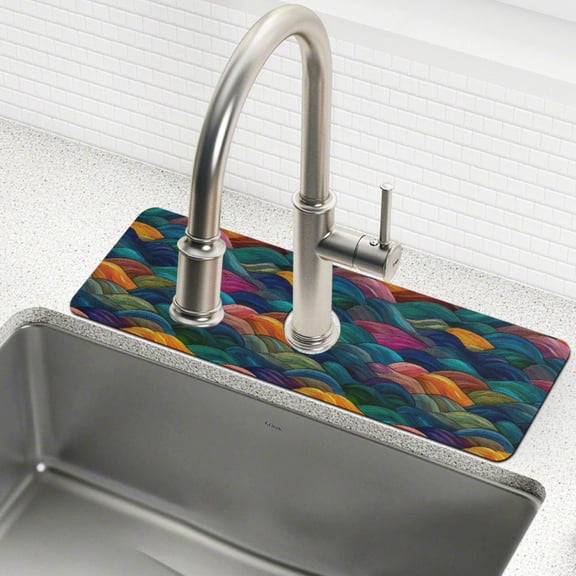 Yayeee Faucet Mat for Kitchen Sink 14.7" Diatomite Long Splash Guard Pad, Colorful Waves Pattern