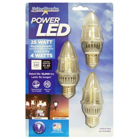Lights of America 4W LED Flame Tip Bulbs, Regular Base, 3pk