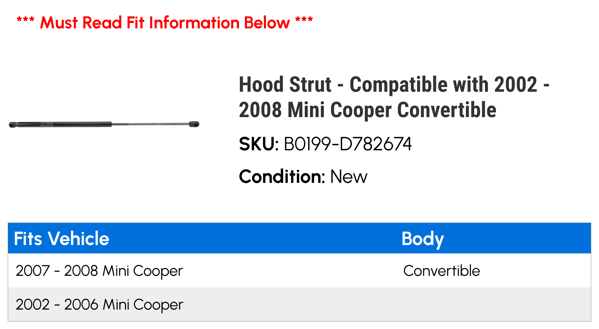 Hood Strut - Compatible with 2002 - 2008 Mini Cooper Convertible 2003 2004 2005 2006 2007
