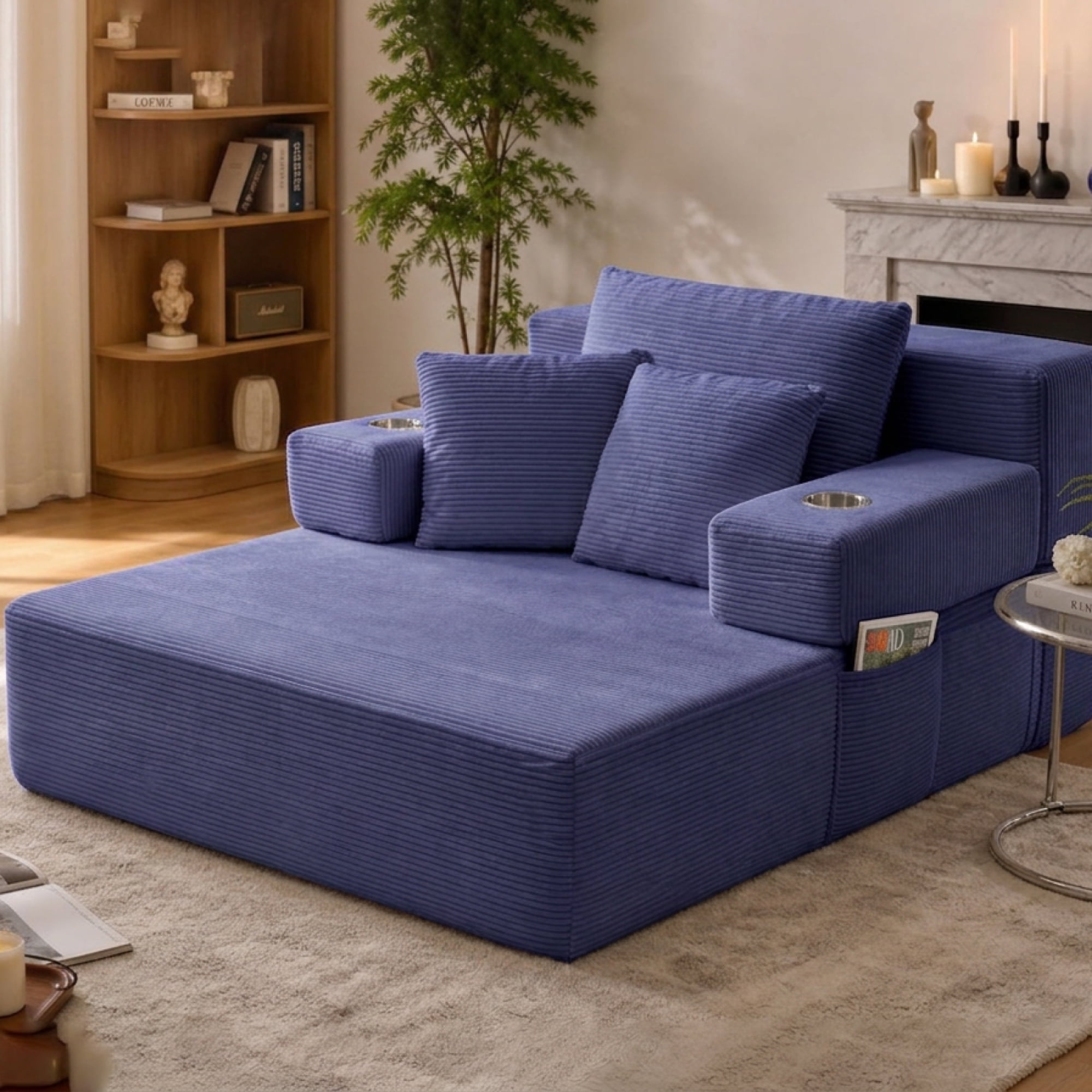Leumius 70.8'' Oversized Chaise Lounge Chair Indoor,Plush Corduroy Upholstered Cloud Sofa Bed for Living Room,No Assembly Required,Blue