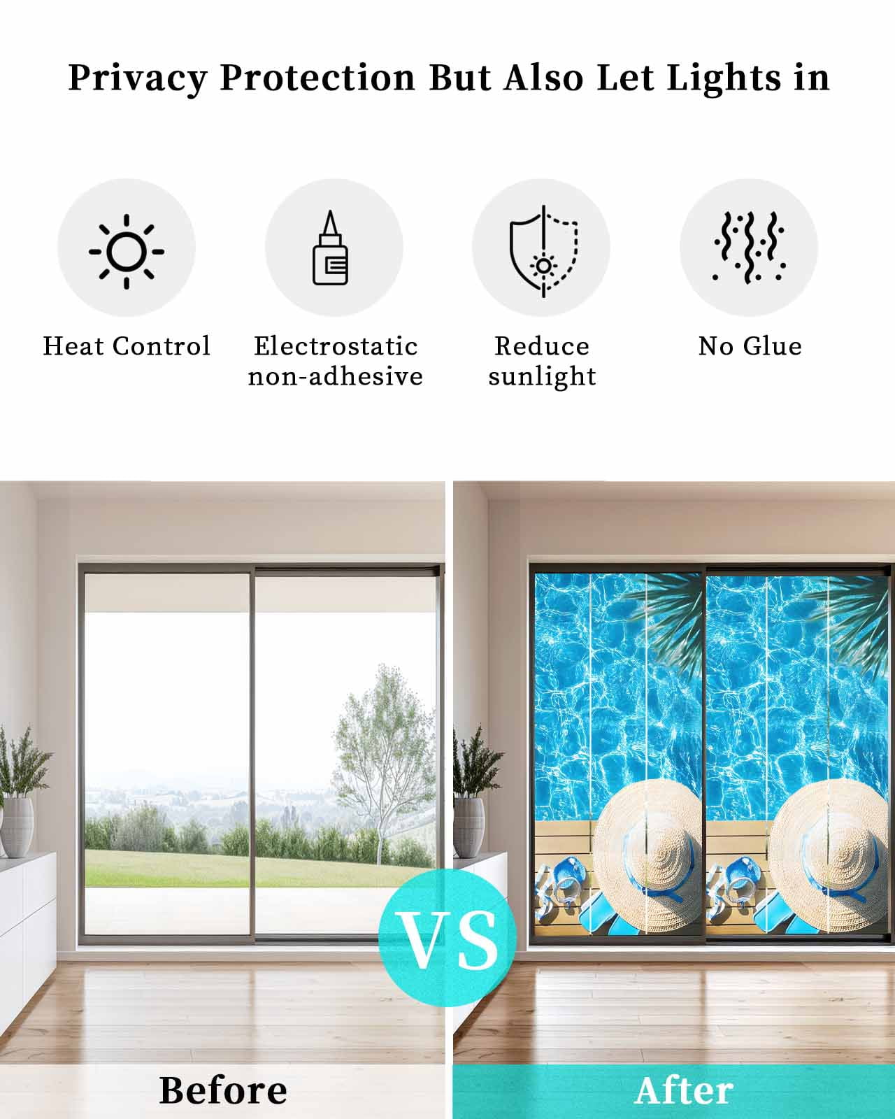 Window Privacy Film Coastal Ocean Stained Glass Window Film Decorative Sun Block Window Cover Blue Sea Pool Slippers Straw Hat Starfish Window Clings Static Adhesive Sticker for Bathroom 23.6"x59"