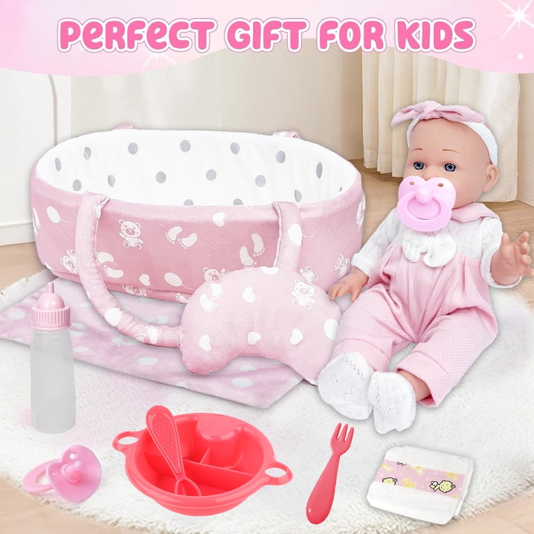 LINXUXIE 12″ Baby Doll Sleeping Basket Set in Gift Box, 12Pcs Baby