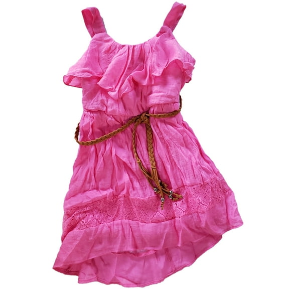 Girls Pink Boho Chic Belted Flowy Layered Ruffles Lightweight Summer Dress 4