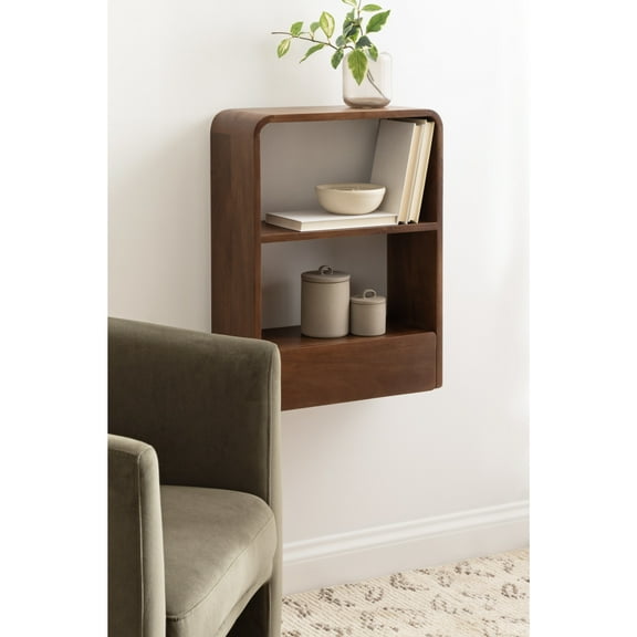 Kate and Laurel Kato Modern Wall Shelf with Drawer, 18 x 24, Walnut Brown, Decorative Over the Toilet Shelf for Use as Bathroom Storage or Living Room Display Shelf
