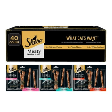 Sheba Meaty Tender Sticks DPF11 Soft Cat Treats with Chicken, Tuna Flavor, and Salmon Flavor, 0.14 oz., 40 Count