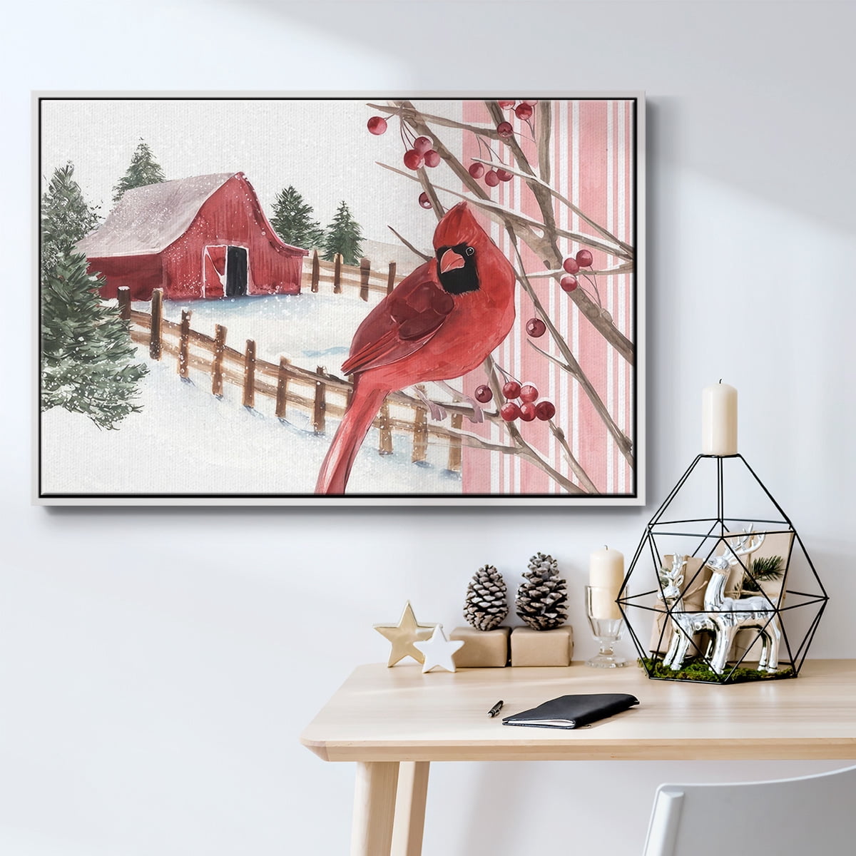 Winter Cardinal Collection A - Framed Gallery Wrapped Holiday Canvas - 25 x 37 - White Frame