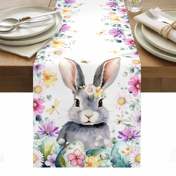 Easter Bunny Table Runner - 120 Inch Long, Kitchen Dining Table Runner Dresser Scarves, Spring Watercolor Eggs Country Flower Leaf Farmhouse Decor for Coffee Tables Wedding Party Banquet