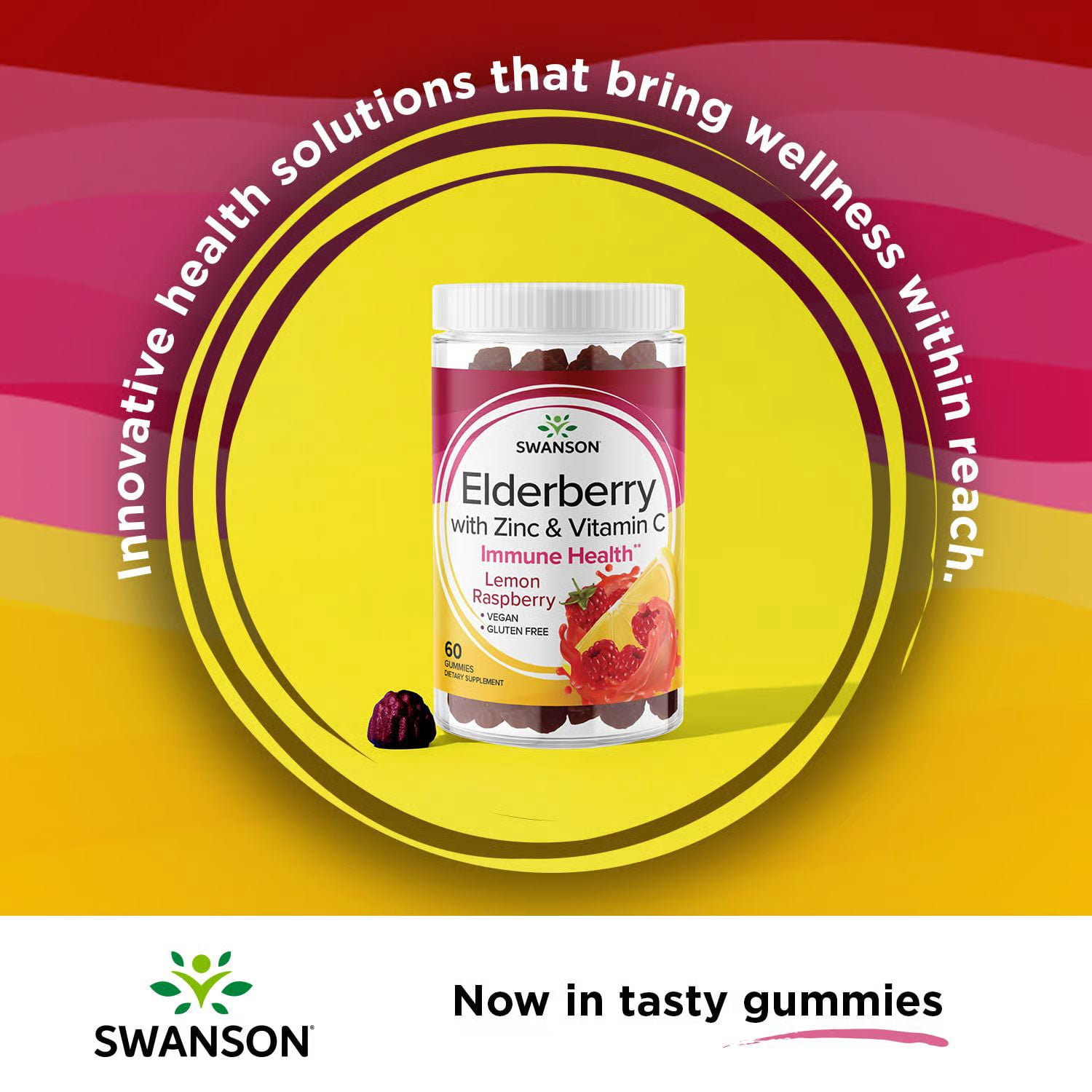 Swanson Elderberry Gummies with Zinc & Vitamin C - Lemon Raspberry 60 Gummies