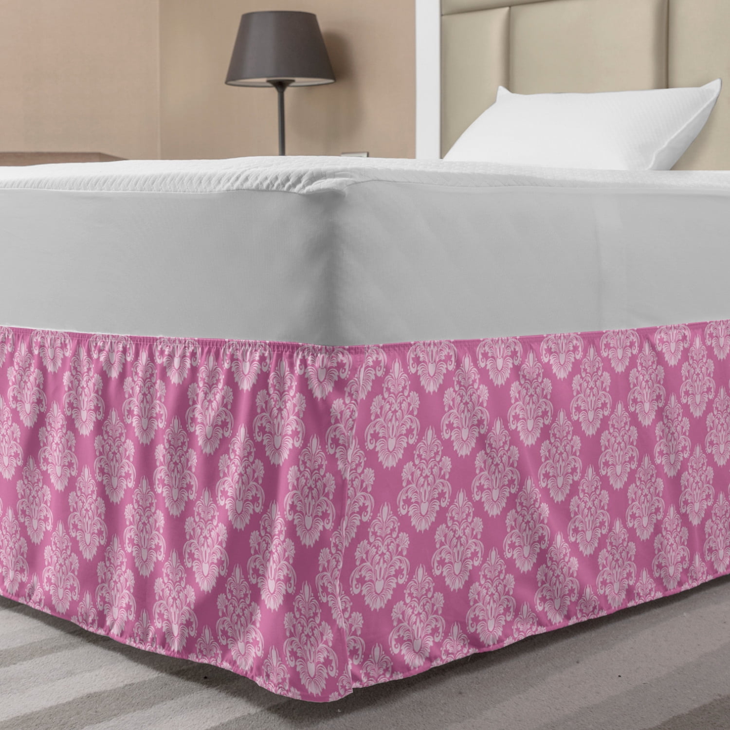 Pink Bed Skirt, Intricate Flower Motifs Petals and Leaves Retro