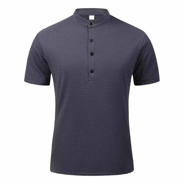 pstuiky camisetas camisas para hombre, Camisa informal de color liso con botones y cuello alto para hombre, versátil, de manga corta camisas casuales para hombre l
