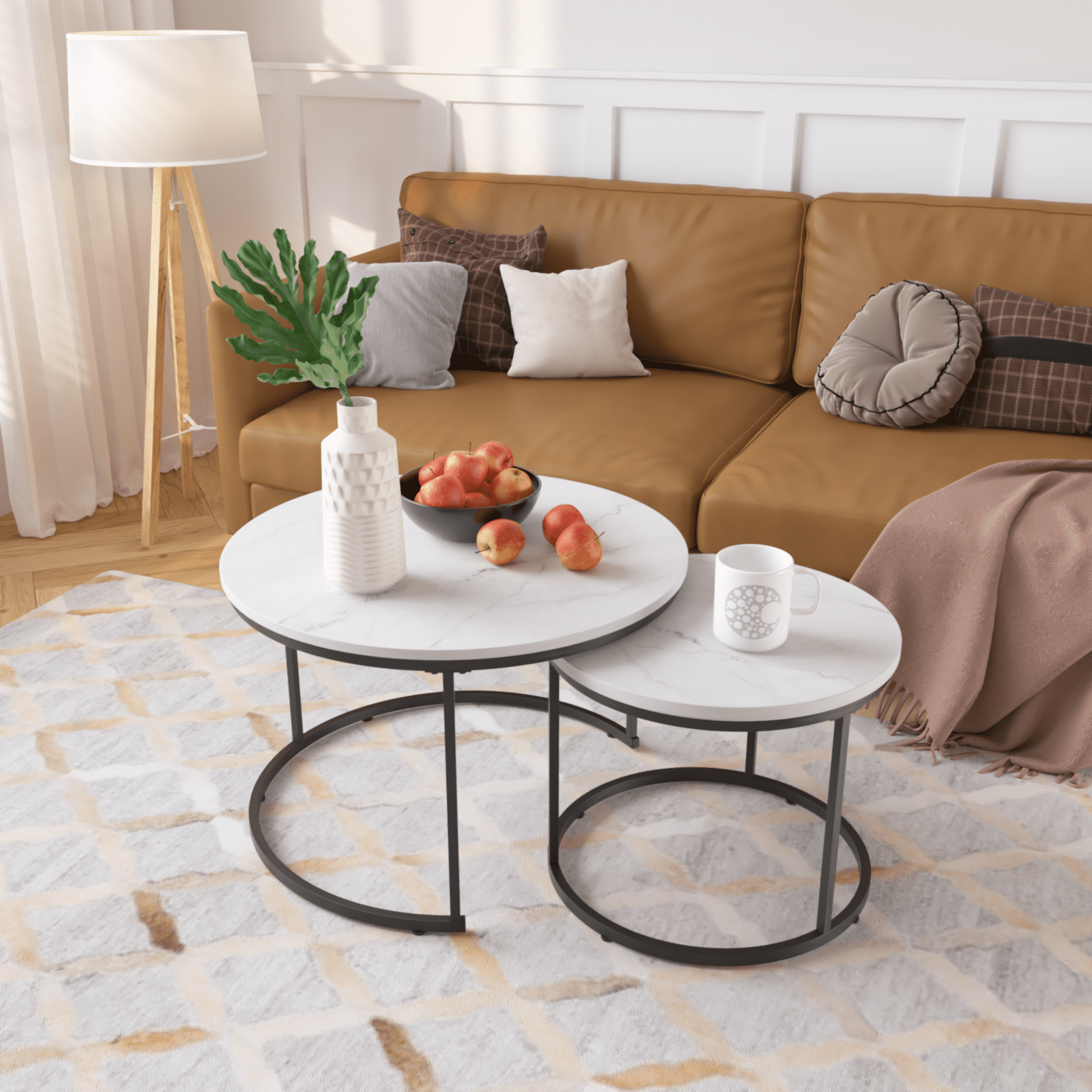27.6" Nesting Coffee Table Set of 2, Round Coffee Table Wood Marble Pattern Top with Sturdy Metal Frame, End Table Side Tables for Living Room Bedroom Balcony Yard (White)