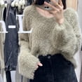 thumbnail image 4 of Suéter corto coreano para mujer, suéter holgado de otoño e invierno, suéter blanco esponjoso de estilo perezoso con clavícula, 4 of 5