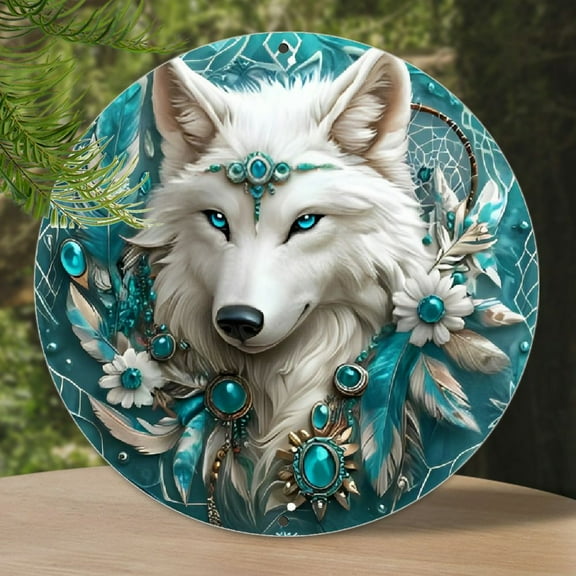 Vintage Wolf Dream Catcher Aluminum Wall Hanging Sign, 8" Round, Weather-Resistant Metal Plaque, Ideal for Home, Living Room, Garden Decor, with Drilled Hole, for Christmas, Easter, St. Patrick's