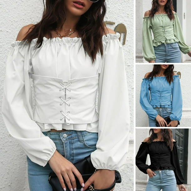 Women's Trumpet Sleeve Corset Tops for Women Off Shoulder Casual Sexy  Corsets Long Sleeve Slim Fit Bustier Tops