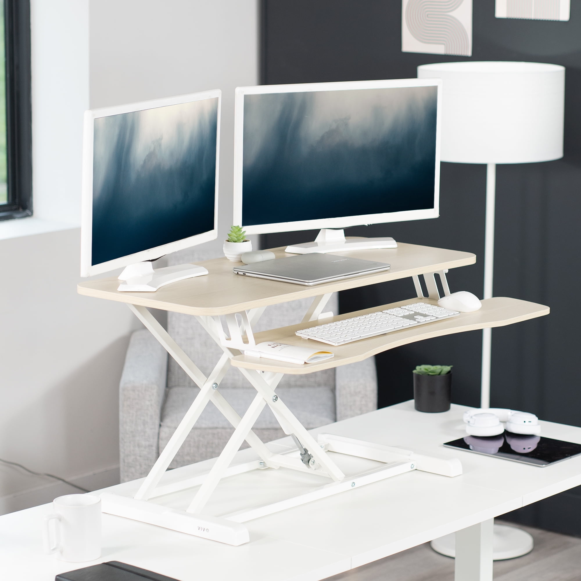 VIVO Light Wood Height Adjustable 36" Standing Desk Monitor Riser, White Frame