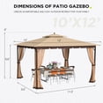 thumbnail image 3 of 10'x12' Outdoor Gazebo with Double Roof, Metal Frame Patio Gazebo with Netting, Water-Resistant Canopy Tent for Backyard, Deck, Garden, Patio, Khaki, 3 of 8