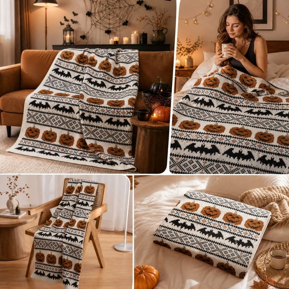 Halloween Knitted Throw Blanket, Retro Fair Isle Pumpkin & Bat Pattern Decorative Throw, Soft Cozy Blanket for Sofa Couch Home Fall Halloween Decor 50x60Inch