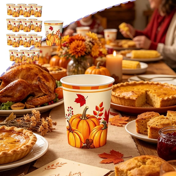 Aoznliie 24pcs Disposable Cups, Heat-resistant Paper Cups with Pumpkin Maple Leaf Print, Fall Harvest Theme Party Supplies for Kitchen Birthday BBQ, 4x3x3in