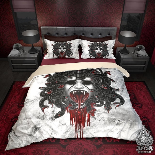 White Goth Bedding Set, Comforter or Duvet, Vampire Medusa, Gothic Bed Cover,