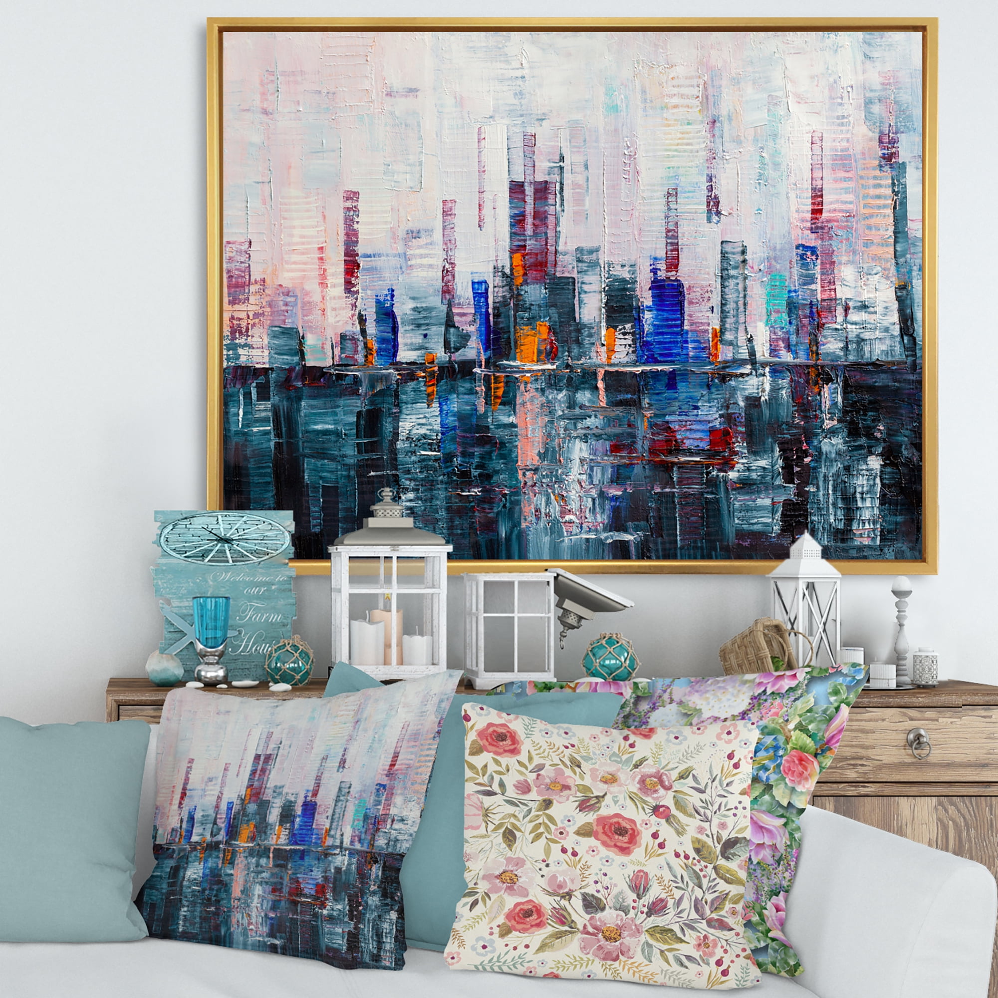 Designart 'Modern Abstract City Skyscrapers' Modern Framed Canvas Wall Art Print