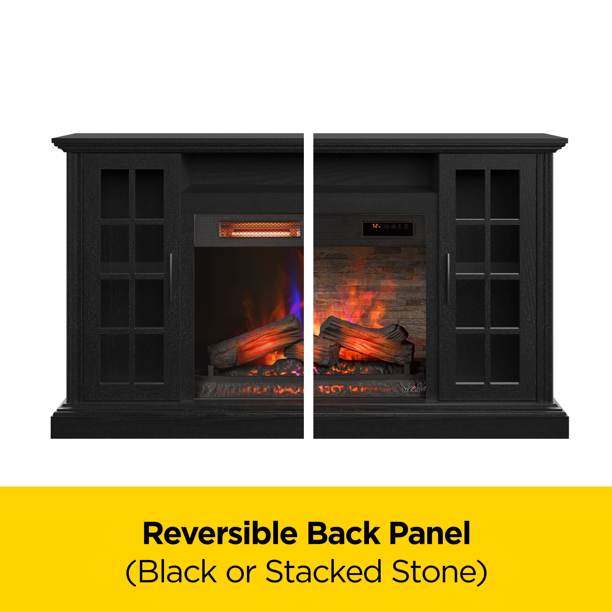 duraflame® Electric Fireplace Media Mantel for TVs up to 65 inches and Farmhouse Storage Cabinets, Black Embossed Ash