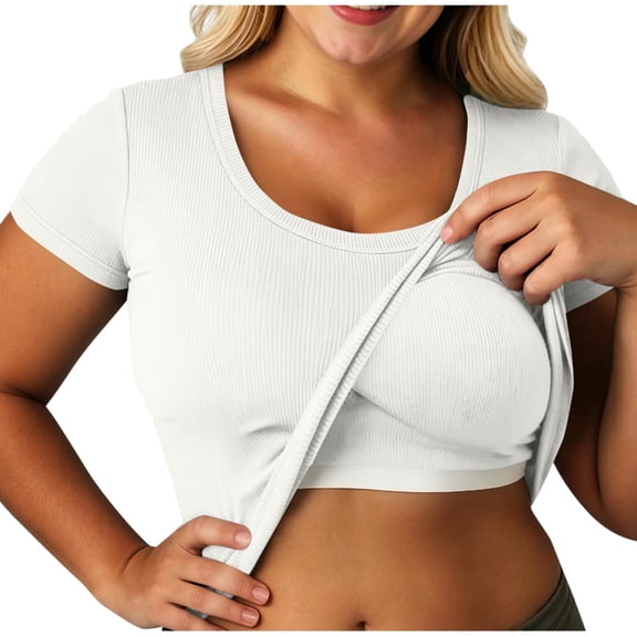 BLVB Women's Plus Size Tops Short Sleeve Scoop Neck T Shirts Summer Ribbed Knit Basic Casual Tees Blouse with Chest Pad