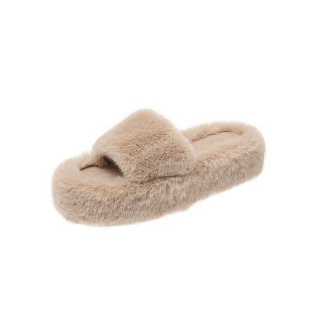

Woobling Womens Platform Fluffy Slides Shoes Open Toe House Slippers Indoor Outdoor Fuzzy Slipper Khaki 7.5