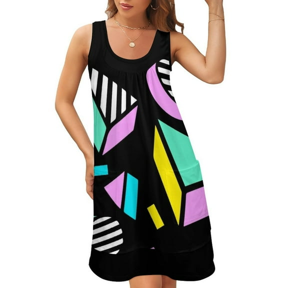 80's pattern Sleeveless U-Neck Fake Two Piece Dress women party dresses summer dress for women Bride dresses