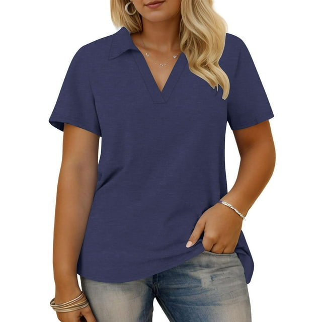 Mgmyaa Polos pour Femmes Grande Taille, Coupe Oversize, Manches Courtes, Col en V, Hauts d'Été, Chemises à Col Style Bureau Décontracté, T-Shirts Amples