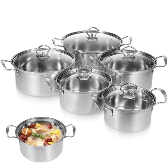 Large Pot,5 Sets Stockpots Stainless Steel Soup Pots Kitchen Cookware Set Induction Pots with Glass Lids