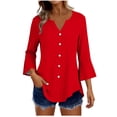 thumbnail image 1 of Craaazy Women's Relaxed Fit V Neck Blouse, Solid Color 3/4 Sleeve Flare Cuff Top, Loose Comfy Button Accent Casual Tee for Spring & Summer Gifts, 1 of 7