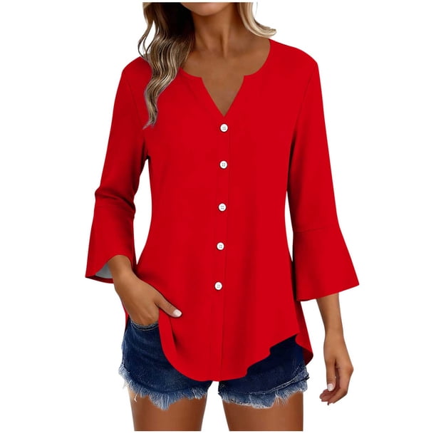 Craaazy Women's Relaxed Fit V Neck Blouse, Solid Color 3/4 Sleeve Flare Cuff Top, Loose Comfy Button Accent Casual Tee for Spring & Summer Gifts